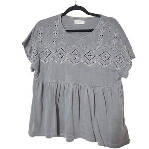 Lucky Brand Embroidered Eyelet Peplum Top Womens Small Boho Distressed‎ Grunge